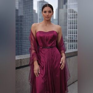 NWT Badgley Mischka Gown. Strapless. Mulberry. Beaded jeweled detail with scarf